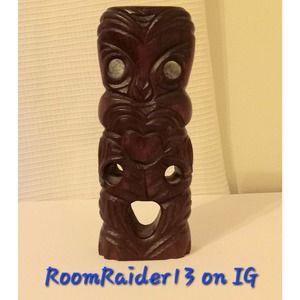 TIKI WOOD CARVING New Zealand Style VINTAGE HAND CARVED Rotorua Abalone Eyes
